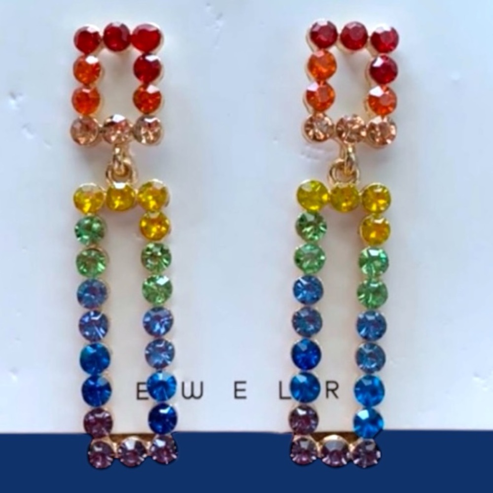 PRIDE 2” Rainbow Rhinestone pierced dangling multicolored earrings LGBTQ NEW